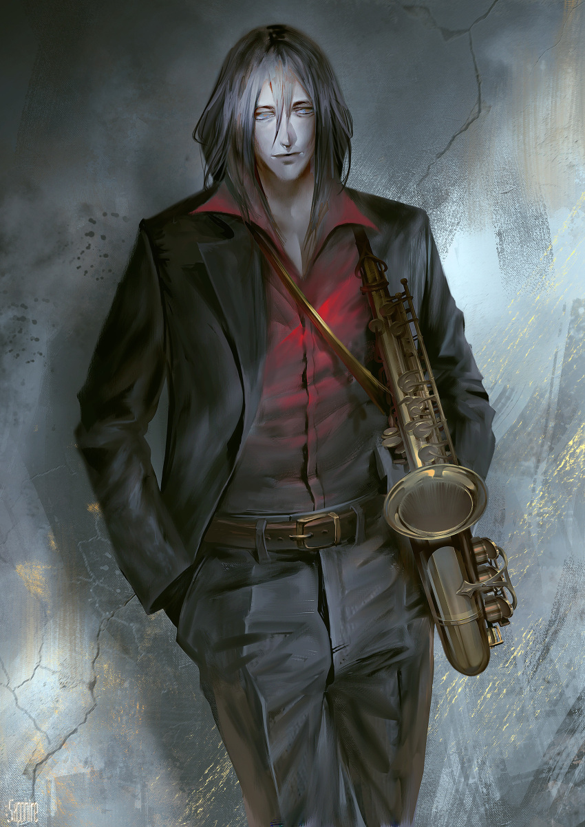 absurdres androgynous black_hair closed_mouth cowboy_bebop formal grencia_mars_elijah_guo_eckener highres instrument long_hair looking_to_the_side red_shirt sapphire_art saxophone shirt solo solo_focus suit t-shirt