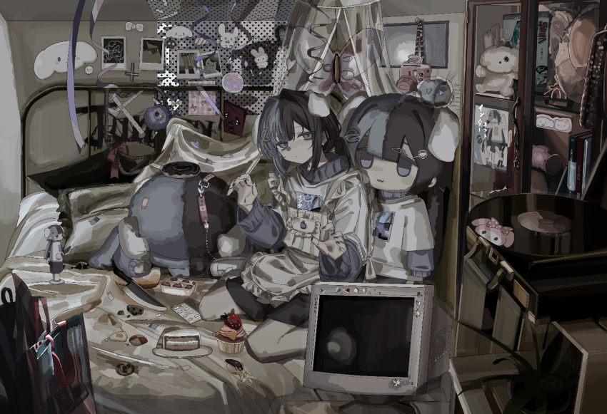 1girl :3 animal_ears apron bed black_hair blue_nails blunt_bangs book cake cake_slice camera cardigan character_doll closed_mouth clothes commentary computer crt cupcake dog_ears dot_mouth fake_animal_ears food frilled_apron frills grey_eyes hair_intakes hair_ornament hairclip hands_up hatsune_miku heart hen10 indoors internet_explorer kitchen_knife knife layered_sleeves loaded_interior long_sleeves looking_at_viewer medicine messy_room monitor nail_polish on_bed original partially_translated photo_(object) pill polaroid purple_cardigan record shirt short_over_long_sleeves short_sleeves sitting solo sticker stuffed_toy translation_request vocaloid wariza white_apron white_shirt