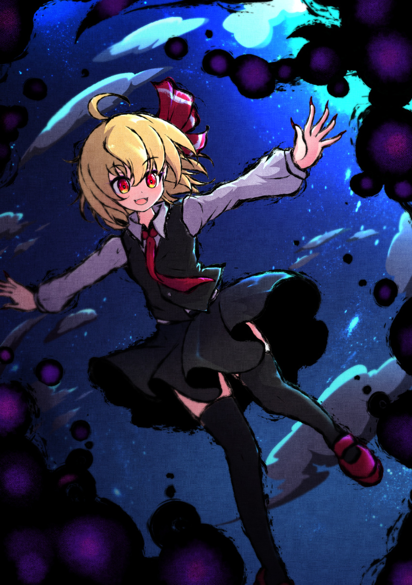 1girl ahoge black_skirt black_thighhighs blonde_hair blush clouds collared_shirt darkness fangs fingernails hair_between_eyes hair_ribbon highres long_sleeves neck_bobbles necktie open_mouth outstretched_arms red_eyes red_footwear red_necktie ribbon rumia sharp_fingernails shen_li shirt short_hair skirt solo spread_arms thigh-highs touhou vest white_shirt