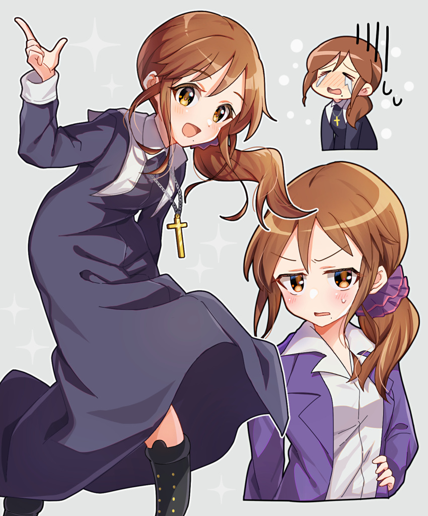 1girl :d black_footwear blue_jacket boots brown_eyes brown_hair cross cross_necklace crying habit hair_ornament hair_scrunchie hand_on_own_hip highres itsuka_neru jacket jewelry long_hair low_ponytail mole mole_under_mouth multiple_views necklace noel_(tsukihime) nun scrunchie shirt smile streaming_tears tears tsukihime tsukihime_(remake) white_shirt