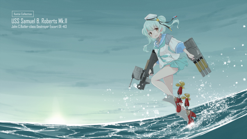 1girl adapted_turret aqua_hair aqua_neckerchief aqua_skirt blue_sailor_collar cannon character_name copyright_name dixie_cup_hat double_bun hair_bun hat kantai_collection long_sleeves military_hat miniskirt navy_cross neckerchief neve_(morris-minicooper) ocean outdoors pleated_skirt rigging sailor_collar samuel_b._roberts_(kancolle) samuel_b._roberts_mk_ii_(kancolle) school_uniform serafuku skirt solo standing standing_on_liquid standing_on_one_leg striped_neckerchief torpedo_launcher white_headwear yellow_eyes