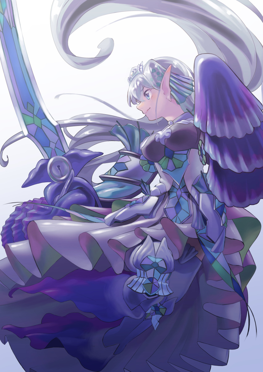 1girl absurdres armor armored_dress blue_eyes blush closed_mouth cof_(ko_fu) duel_monster fins floating_hair full_body head_fins highres holding holding_sword holding_weapon long_hair mermaid monster_girl simple_background sleeves_past_wrists smile solo sword tearlaments_rulkallos tiara weapon white_background white_hair yu-gi-oh!
