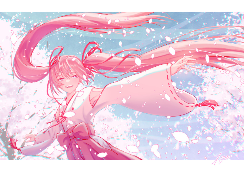 10ttruck 1girl :d armpits border cherry_blossoms clothing_cutout floating_hair hair_between_eyes hakama hatsune_miku highres japanese_clothes kimono letterboxed long_hair long_sleeves open_mouth outstretched_arm pink_hair pink_hakama ribbon-trimmed_sleeves ribbon_trim sakura_miku shoulder_cutout smile solo spring_(season) standing very_long_hair vocaloid white_border white_kimono wide_sleeves