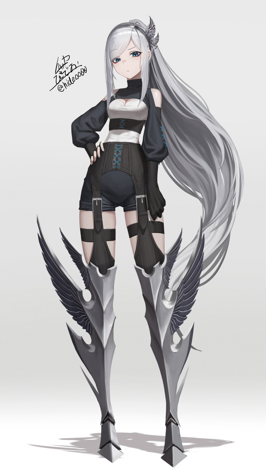 1girl absurdres armor armored_boots bare_shoulders blue_eyes boots breasts cleavage_cutout clothing_cutout fantasy fingerless_gloves full_body garter_straps gloves gradient_background grey_background grey_hair hairband hand_on_own_hip highres ikasamahideo long_hair looking_at_viewer medium_breasts mole mole_under_eye original ponytail raised_eyebrow shadow shoulder_cutout signature solo standing thigh-highs two-tone_background very_long_hair white_background