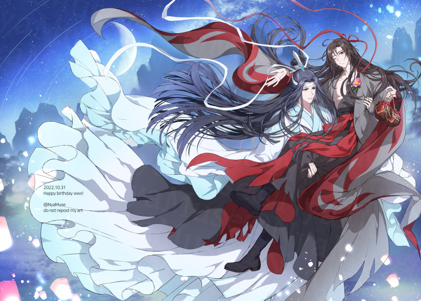 2boys absurdres artist_name bishounen black_footwear black_hair boots brown_eyes brown_hair carrying chinese_clothes closed_mouth clouds collarbone commentary dated floating_hair flower grey_robe grin hair_between_eyes hair_bun hair_ornament hair_ribbon hand_up hanfu headband highres holding jar lan_wangji lantern long_hair long_sleeves looking_at_another looking_at_viewer male_focus modao_zushi moon mountain multiple_boys muse_(rainforest) night night_sky one_eye_closed open_clothes open_robe outdoors paper_lantern parted_bangs pectorals pink_flower princess_carry red_eyes red_ribbon red_sash ribbon robe sash sidelocks single_hair_bun sky sky_lantern smile star_(sky) starry_sky teeth twitter_username very_long_hair watermark wei_wuxian white_headband white_ribbon white_robe wide_sleeves