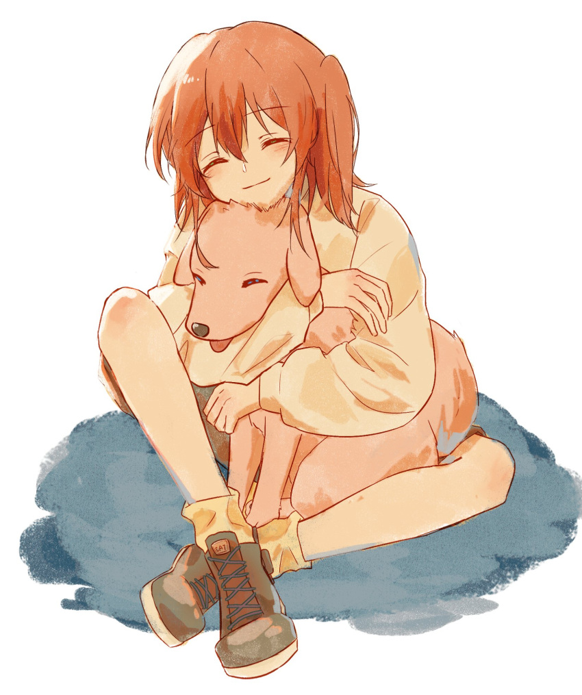 1girl ^_^ animal_hug black_footwear bocchi_the_rock! boots closed_eyes closed_mouth commentary crossed_legs dog facing_viewer full_body hair_between_eyes head_on_head head_rest head_tilt highres kita_ikuyo light_blush long_sleeves mimmf redhead side_ponytail sidelocks simple_background sitting smile socks solo sweater tongue tongue_out white_background yellow_socks yellow_sweater