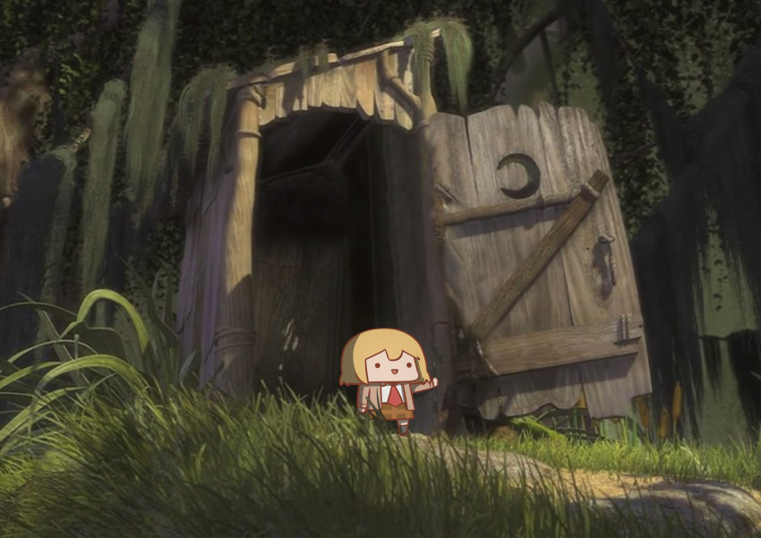 ._. :d absurdres blonde_hair brown_jacket brown_skirt chibi commentary forest grass grey_socks highres hololive hololive_english jacket nature necktie open_door opening_door outdoors outhouse outstretched_arms parody phdpigeon plaid plaid_skirt red_necktie scene_reference shirt shrek_(series) skirt smile socks standing tree watson_amelia white_shirt
