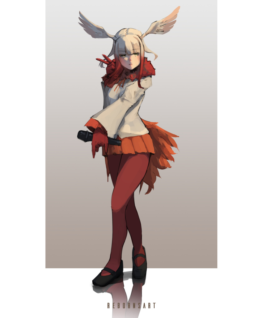 1girl absurdres artist_name bird_girl bird_tail bird_wings blunt_bangs border closed_mouth crossed_legs empty_eyes full_body fur_collar gloves gradient_background hand_up head_wings highres holding holding_microphone japanese_crested_ibis_(kemono_friends) kemono_friends light_smile long_hair long_sleeves looking_at_viewer microphone miniskirt multicolored_hair orange_skirt outside_border outstretched_arm pantyhose pleated_skirt reborns red_gloves red_pantyhose redhead shirt shoes skirt solo spread_wings standing tail v white_border white_hair white_shirt wings yellow_eyes