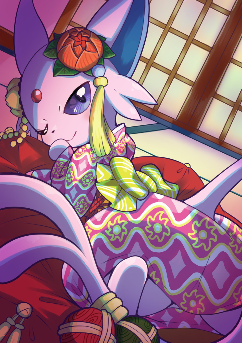 blush clothed_pokemon espeon hair_ornament highres indoors looking_at_viewer no_humans one_eye_closed pokemon pokemon_(creature) solo wadorigi