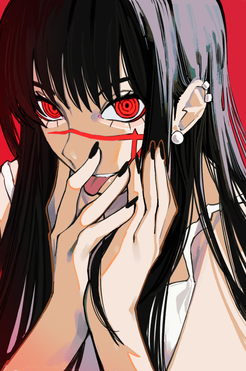 1girl black_hair black_nails chainsaw_man ear_piercing highres long_hair looking_at_viewer piercing red_background red_eyes red_theme ringed_eyes sailen0 simple_background solo tank_top tongue tongue_out white_tank_top yoru_(chainsaw_man)