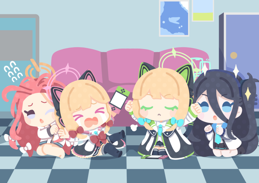 &gt;_&lt; 4girls :o ;o animal_ear_headphones animal_ears aris_(blue_archive) arms_up barefoot black_hair black_hairband blonde_hair blue_archive blue_bow blue_eyes blue_necktie bow cat_ear_headphones checkered_floor chibi closed_eyes commentary_request couch crying fake_animal_ears flying_sweatdrops forehead hair_between_eyes hair_bow hairband halo headphones highres indoors jacket kinubari_nerune kneehighs long_hair midori_(blue_archive) momoi_(blue_archive) multicolored_clothes multicolored_jacket multiple_girls necktie nintendo_switch on_floor one_eye_closed one_side_up open_mouth parted_bangs poster_(object) red_bow redhead sad siblings sisters socks sparkle streaming_tears tears thigh-highs twins white_bow white_jacket yuzu_(blue_archive)