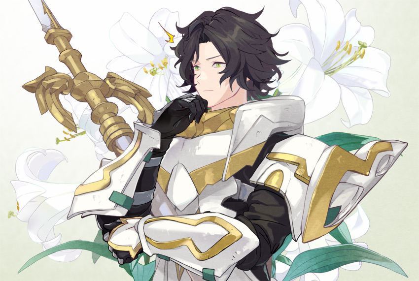 1boy armor black_gloves black_hair closed_mouth fire_emblem fire_emblem_engage flower gloves hand_on_own_chin holding holding_weapon looking_away louis_(fire_emblem) mikami short_hair shoulder_armor simple_background solo weapon yellow_eyes