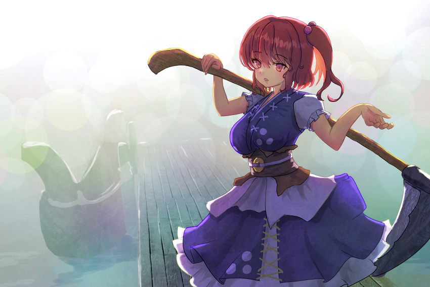 1girl absurdres blue_dress boat breasts coin dress highres holding holding_scythe kiritanpo117 large_breasts light_particles looking_at_viewer obi onozuka_komachi open_mouth outdoors red_eyes redhead sash scythe solo touhou two_side_up watercraft