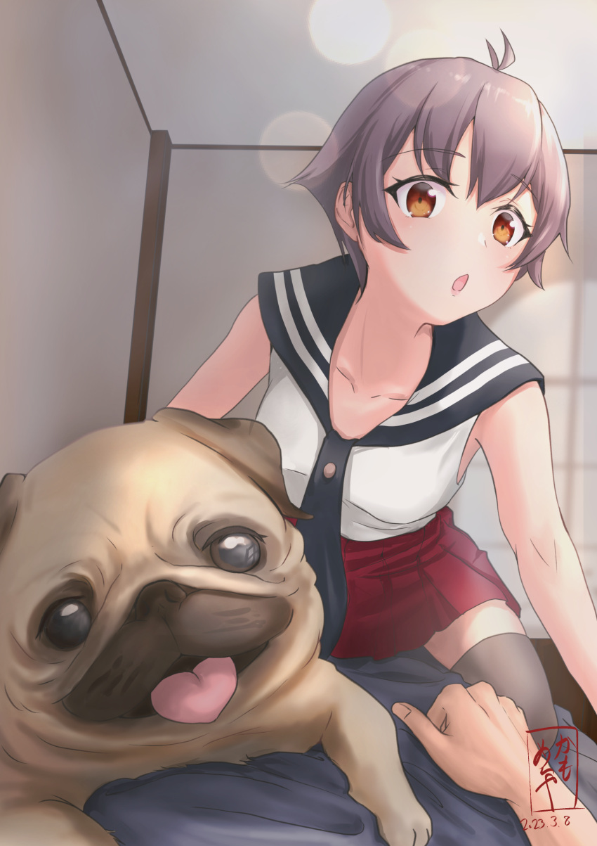 1girl 1other absurdres antenna_hair artist_logo bed black_necktie black_sailor_collar brown_hair commentary_request commission dated dog grey_hair grey_thighhighs highres kamo_mayor kantai_collection looking_at_viewer necktie pixiv_commission pleated_skirt pov pug red_skirt sailor_collar sakawa_(kancolle) shirt short_hair skirt sleeveless sleeveless_shirt thigh-highs