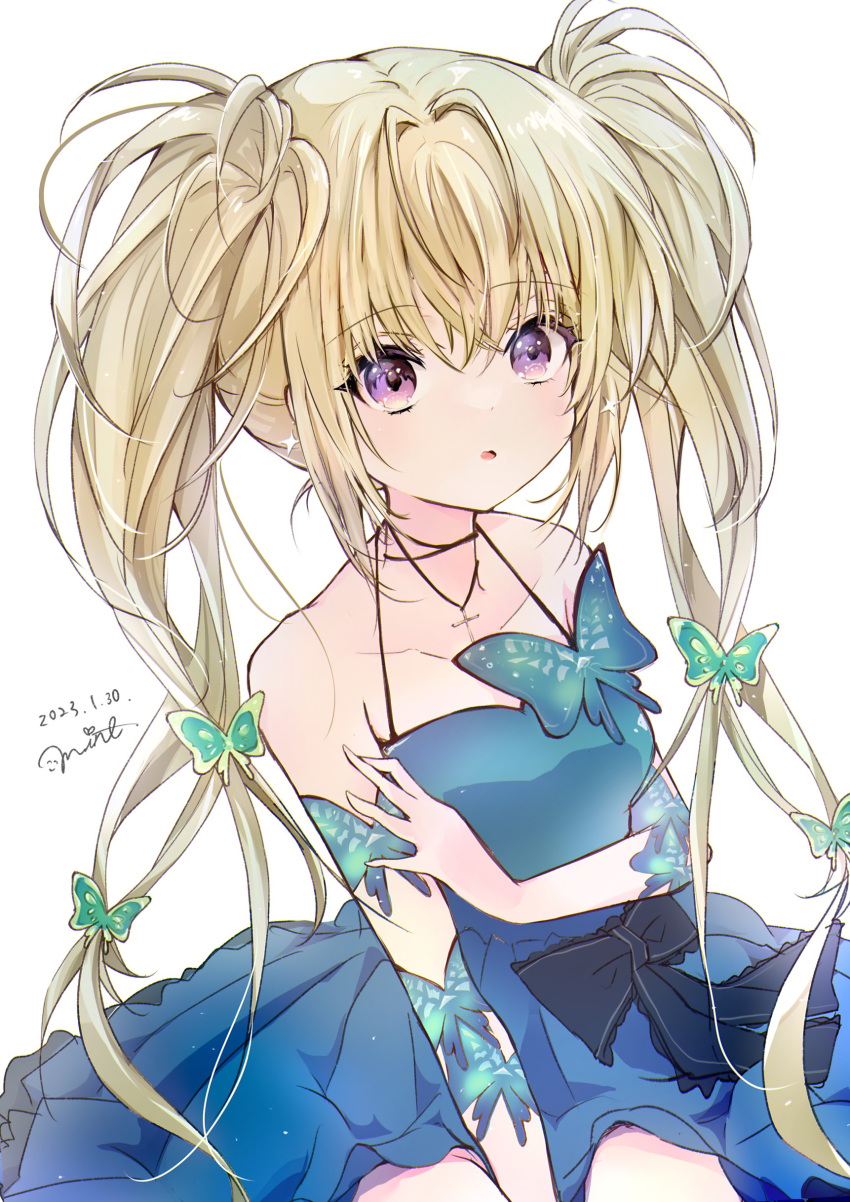 1girl 2023 absurdres blonde_hair blue_butterfly blue_dress bug butterfly butterfly_hair_ornament cross cross_necklace dated dress hair_ornament highres hoshina_utau jewelry looking_at_viewer mint_(mintlemonade3) necklace open_mouth shugo_chara! signature solo twintails violet_eyes white_background