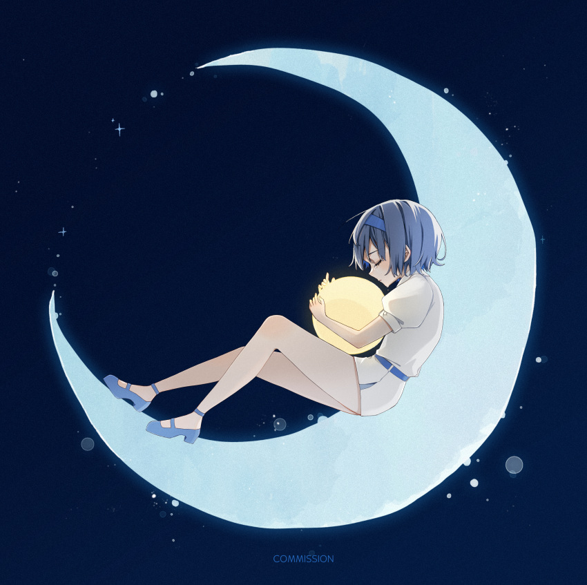 1girl absurdres belt blue_background blue_belt blue_footwear blue_hair blue_hairband blush cevio closed_eyes closed_mouth commentary commission crying english_text from_side full_body hairband head_down highres holding_moon moon on_crescent profile puffy_short_sleeves puffy_sleeves reclining sayonaka_megumo shirt short_hair short_shorts short_sleeves shorts simple_background skeb_commission solo strappy_heels suzuki_tsudumi white_shirt white_shorts