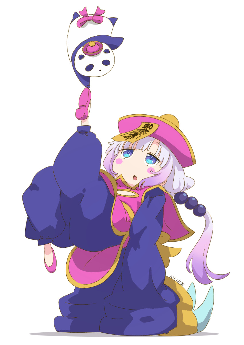 1girl :o beads blue_eyes blue_pants blunt_bangs chinese_clothes claws cosplay dated full_body gradient_hair hair_beads hair_ornament handstand hat highres jiangshi_costume kanna_kamui kobayashi-san_chi_no_maidragon leg_up lei_lei lei_lei_(cosplay) light_purple_hair long_hair long_sleeves looking_up low_twintails multicolored_hair ofuda panda pants pink_footwear pink_headwear puffy_pants qing_guanmao samansa_ex simple_background slit_pupils solo twintails white_background wide_sleeves