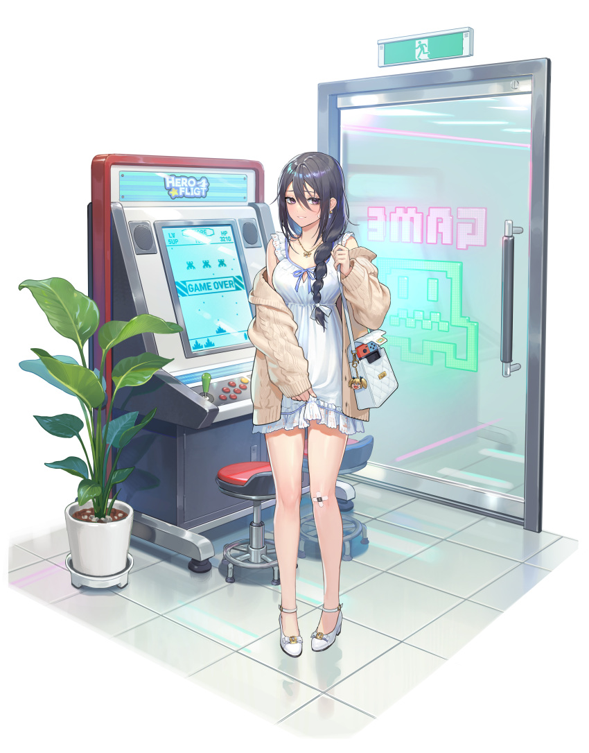 1girl absurdres alternate_costume arcade_cabinet bag bandaid bandaid_on_knee bandaid_on_leg bare_legs black_hair braid braided_ponytail breasts brown_cardigan butyou_(mika1412) cardigan casual commentary dress earrings exia_(nikke) frilled_dress frills full_body glass_door goddess_of_victory:_nikke hair_between_eyes hair_over_shoulder handbag high_heels highres jewelry keychain laplace_(nikke) long_hair looking_at_viewer medium_breasts necklace nintendo_switch off_shoulder open_cardigan open_clothes parted_lips plant potted_plant short_dress simple_background skirt_hold sleeveless sleeveless_dress sleeves_past_wrists smile solo standing stool sweatdrop tile_floor tiles violet_eyes white_background white_dress white_footwear