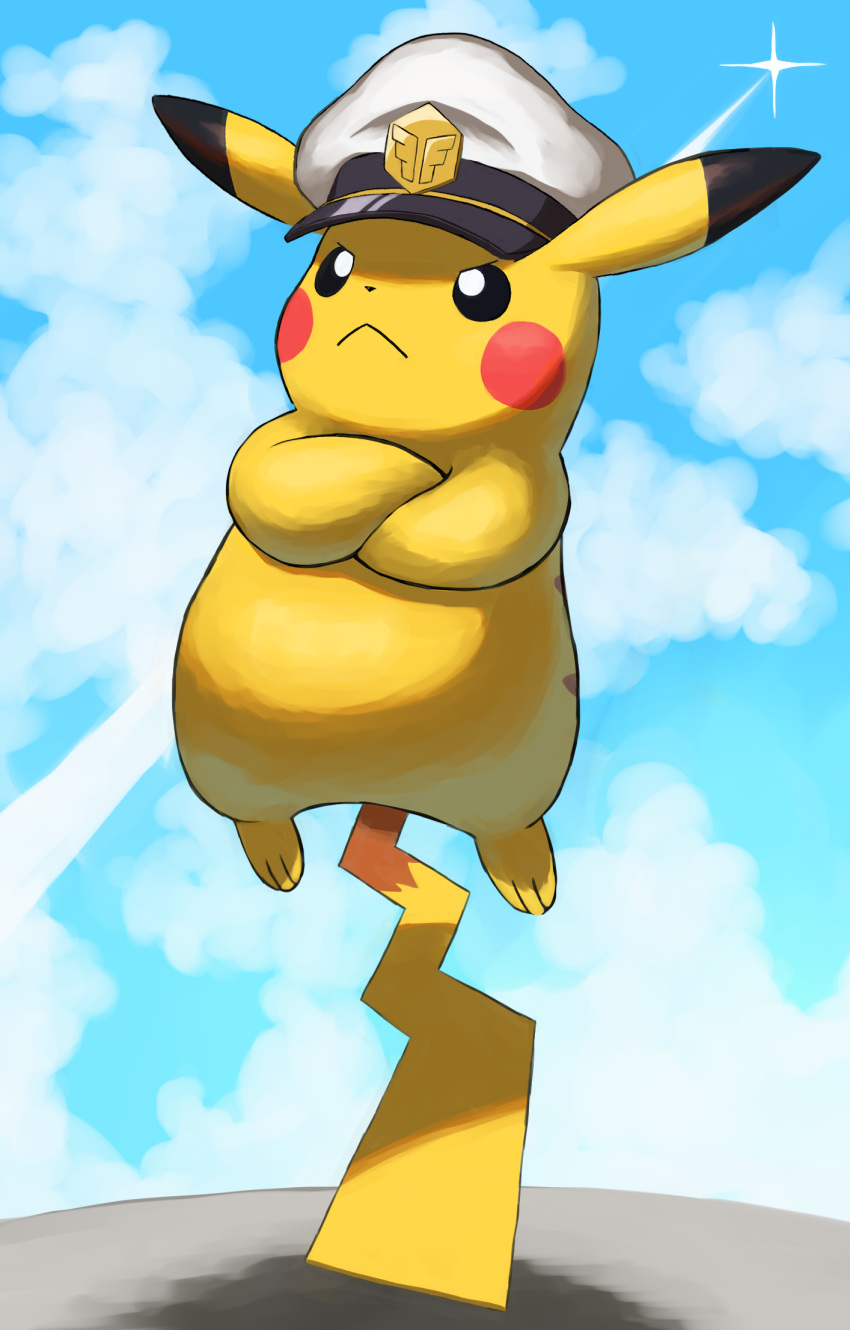 :&lt; black_eyes bright_pupils captain_pikachu closed_mouth clothed_pokemon clouds commentary_request crossed_arms day frown hat highres jira_(ziraiya26) looking_up no_humans outdoors pikachu pokemon pokemon_(creature) sky solo white_pupils