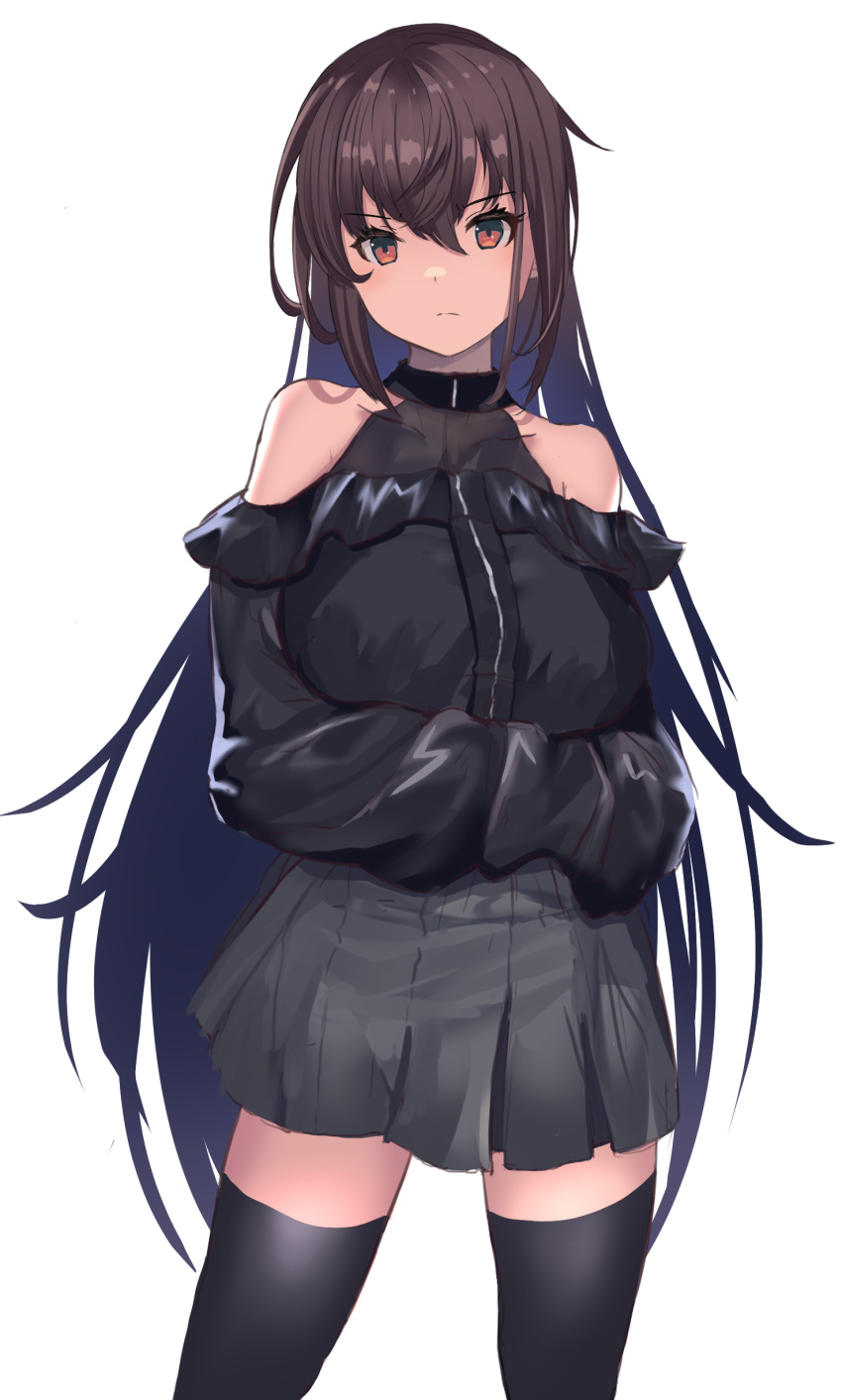 1girl absurdres alternate_costume bare_shoulders black_hair black_sweater black_thighhighs brown_eyes closed_mouth grey_skirt hair_between_eyes halterneck highres kantai_collection light_frown looking_at_viewer nagato_(kancolle) o-sirius off-shoulder_sweater off_shoulder skirt sleeves_past_fingers sleeves_past_wrists solo sweater thigh-highs white_background zettai_ryouiki