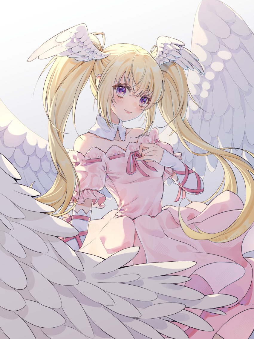 1girl absurdres angel angel_wings blonde_hair blush closed_mouth dress feathered_wings gloves hand_on_own_chest head_tilt head_wings highres hoshina_utau looking_at_viewer pink_dress seraphic_charm shugo_chara! solo tian_xiaoxin twintails violet_eyes white_background white_gloves wings