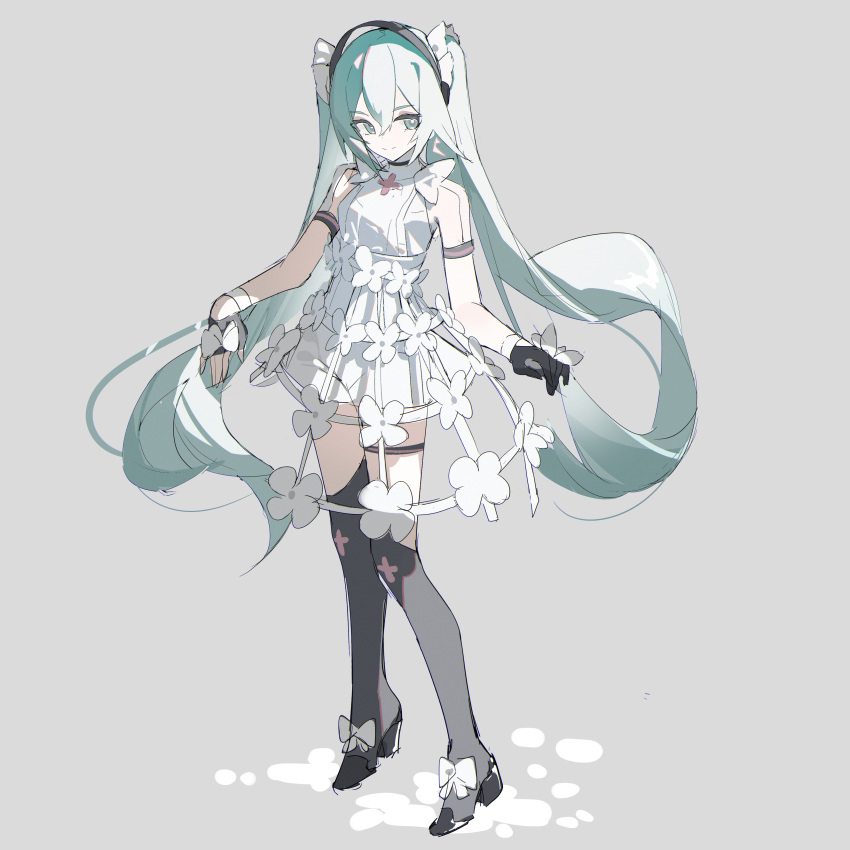 absurdres arm_strap black_footwear black_gloves black_headband black_thighhighs bow bug butterfly butterfly_on_hand closed_mouth cross fingerless_gloves floating_hair footwear_bow full_body gloves green_eyes green_hair grey_background hair_between_eyes hatsune_miku headband high_heels highres long_hair looking_at_viewer qtian shirt sidelocks simple_background single_sleeve smile solo standing thigh-highs thigh_strap turtleneck twintails very_long_hair vocaloid white_bow white_shirt white_sleeves