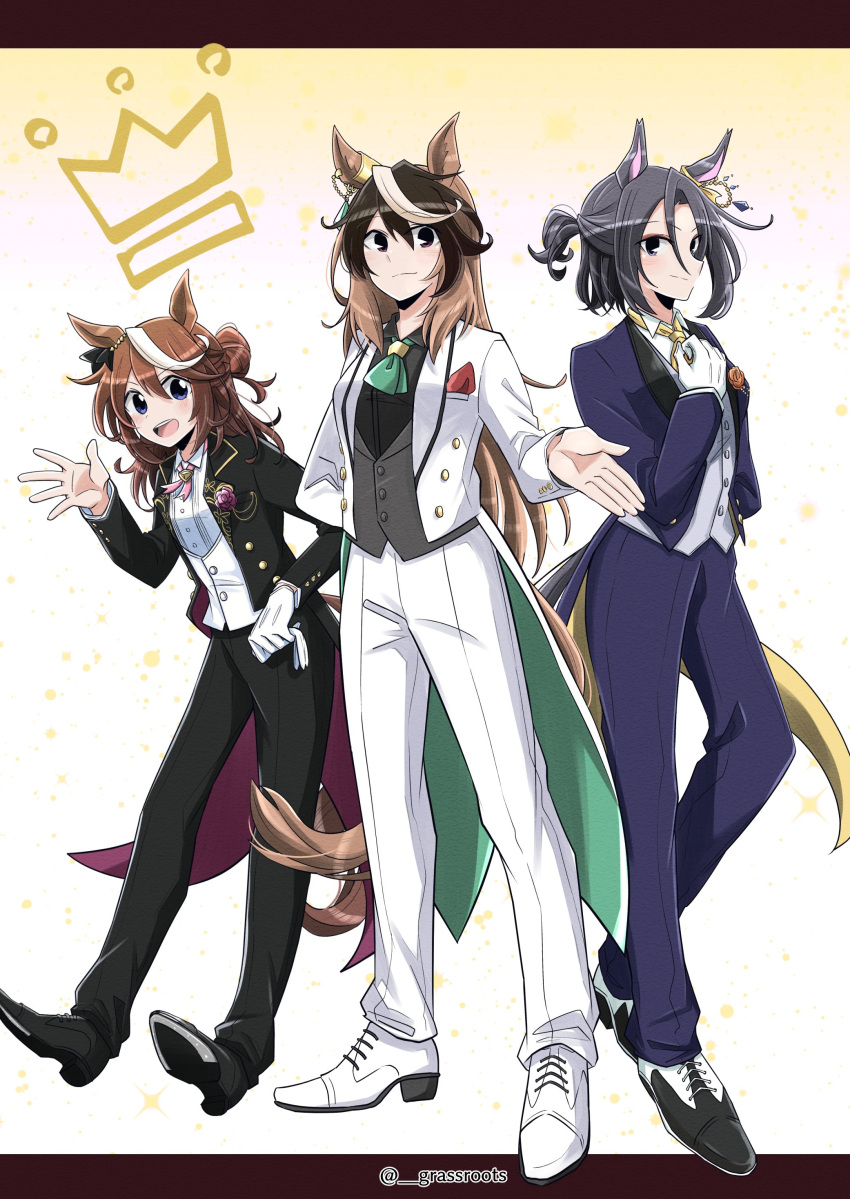 3girls absurdres air_groove_(umamusume) ascot black_hair black_jacket black_pants black_shirt black_vest blue_eyes blush breasts brown_hair closed_mouth collared_shirt cross_tie formal gloves green_ascot hair_bun highres holding holding_clothes holding_gloves jacket komebitsu long_hair long_sleeves looking_at_viewer multicolored_hair multiple_girls necktie open_clothes open_jacket open_mouth outstretched_arm oxfords pant_suit pants shirt short_hair short_ponytail small_breasts smile standing streaked_hair suit symboli_rudolf_(escorte_etoile)_(umamusume) symboli_rudolf_(umamusume) tailcoat tokai_teio_(umamusume) tokai_teio_(waltz_of_hiwing)_(umamusume) twitter_username umamusume vest waving white_gloves white_jacket white_shirt white_vest yellow_necktie