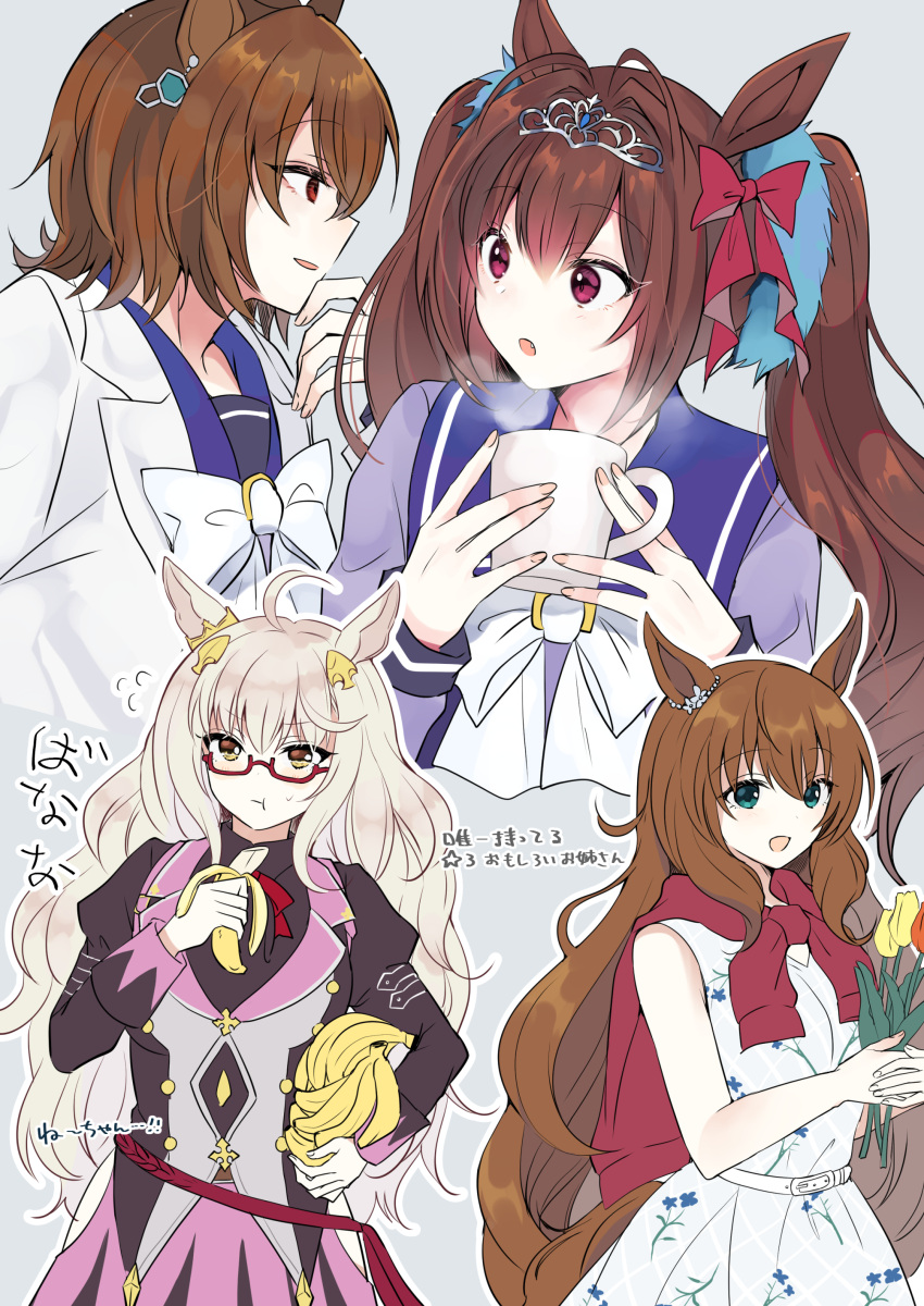 4girls absurdres agnes_tachyon_(umamusume) ahoge animal_ears antenna_hair banana belt biwa_hayahide_(umamusume) bow bowtie brown_hair chemical_structure clothes_lift cup daiwa_scarlet_(umamusume) dress ear_ornament earrings fang flower food fruit glasses gokugetsu_momo green_eyes hair_bow hair_intakes highres holding holding_cup holding_flower holding_food horse_ears horse_girl horseshoe_ornament jewelry lab_coat long_hair long_sleeves maruzensky_(umamusume) messy_hair multiple_girls purple_serafuku purple_shirt red-framed_eyewear red_bow red_eyes sailor_collar sailor_shirt school_uniform semi-rimless_eyewear serafuku shirt shirt_behind_neck shirt_lift short_hair single_earring sleeveless sleeveless_dress tiara tracen_school_uniform tulip twintails umamusume very_long_hair wavy_hair white_belt white_bow white_bowtie white_dress white_hair yellow_eyes