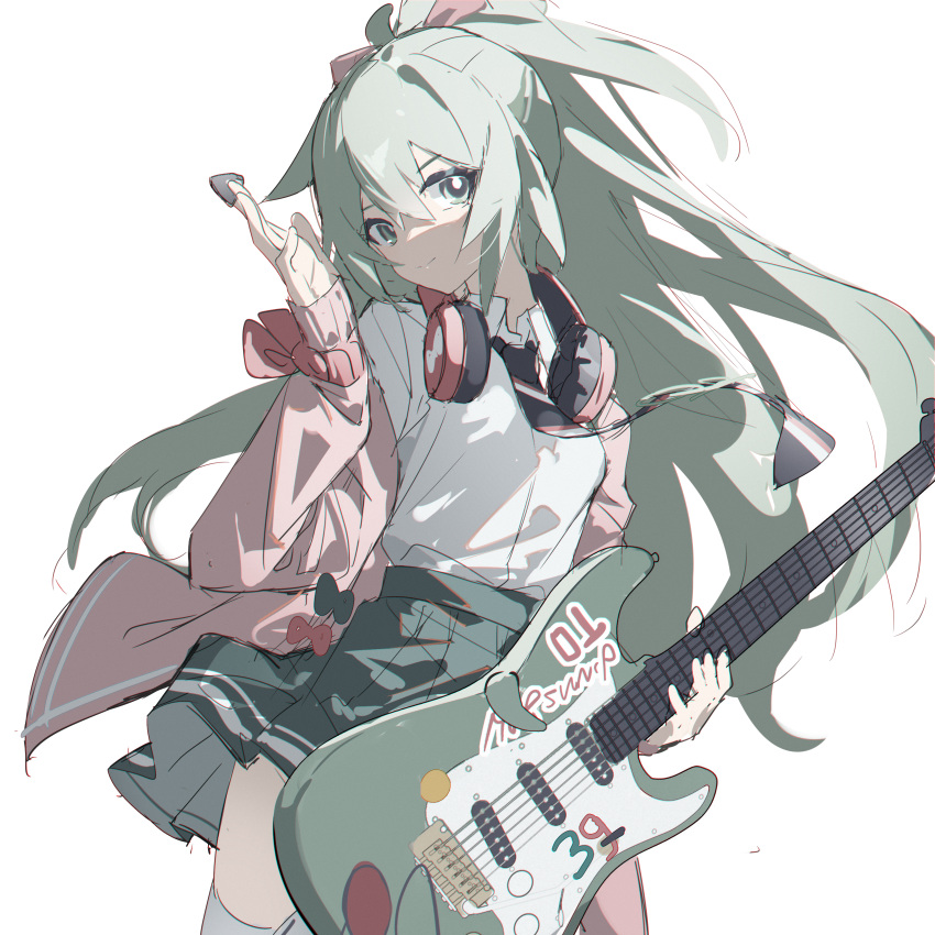 1girl 39 absurdres black_necktie bow breasts closed_mouth collared_shirt cowboy_shot diagonal-striped_necktie electric_guitar fender_stratocaster floating_hair green_eyes green_hair green_skirt guitar hair_between_eyes hair_bow hatsune_miku headphones headphones_around_neck high-waist_skirt highres holding holding_instrument holding_plectrum instrument jacket long_hair long_sleeves looking_at_viewer necktie off_shoulder pink_bow pink_jacket pleated_skirt plectrum qtian red_headphones shadow shirt shirt_tucked_in sidelocks simple_background skirt sleeve_cuffs sleeves_past_wrists small_breasts smile solo sticker thigh-highs vocaloid white_background white_shirt white_thighhighs