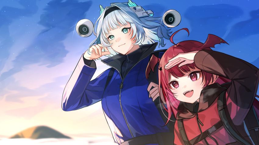 2girls ahoge angel aqua_eyes araka_luto arisuke_gnsn backpack bag commission demon_girl demon_wings drone gradient_wings head_wings headgear headset height_difference highres hiking kamishiro_rita long_hair multicolored_wings multiple_girls no_halo prism_project red_eyes second-party_source short_hair skeb_commission virtual_youtuber white_hair wings