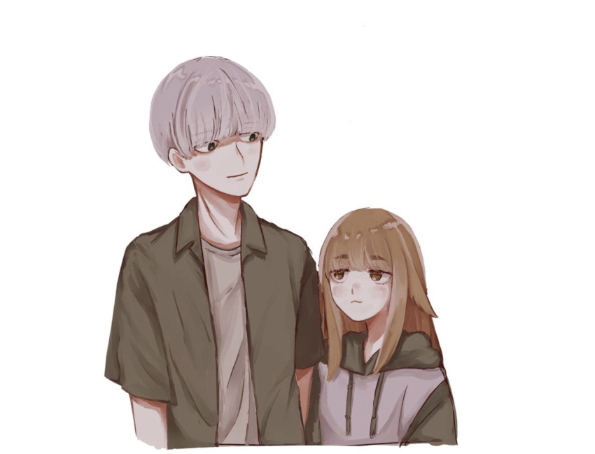 :3 animal_ears arukumikan blush bowl_cut brown_eyes brown_hair brown_shirt commentary_request hair_ears height_difference hood hoodie light_smile long_hair looking_at_another mimihime_(tengoku_daimakyou) open_clothes open_shirt shiro_(tengoku_daimakyou) shirt shirt_under_shirt simple_background sweater swept_bangs tengoku_daimakyou two-tone_sweater upper_body white_background white_hair