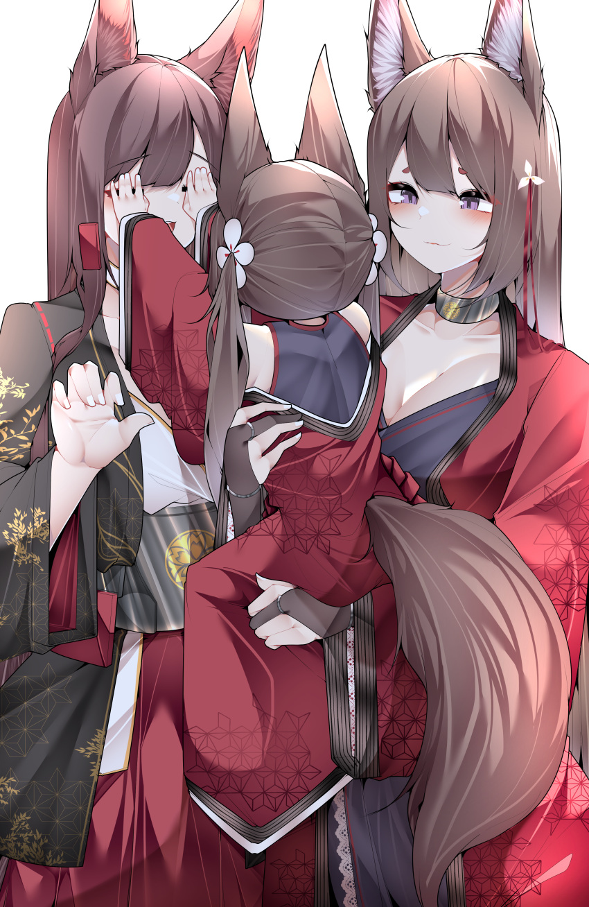 3girls absurdres age_difference aged_down akagi_(azur_lane) amagi-chan_(azur_lane) amagi_(azur_lane) animal_ears arms_up azur_lane black_kimono blush breasts bridal_gauntlets brown_hair carrying carrying_person covering_another's_eyes fox_ears fox_girl fox_tail gloves hair_ornament hand_on_another's_waist hands_on_another's_face hands_up highres japanese_clothes kimono kitsune long_hair multiple_girls print_kimono purple_shirt red_kimono samip shirt simple_background smile standing tail violet_eyes white_background wide_sleeves