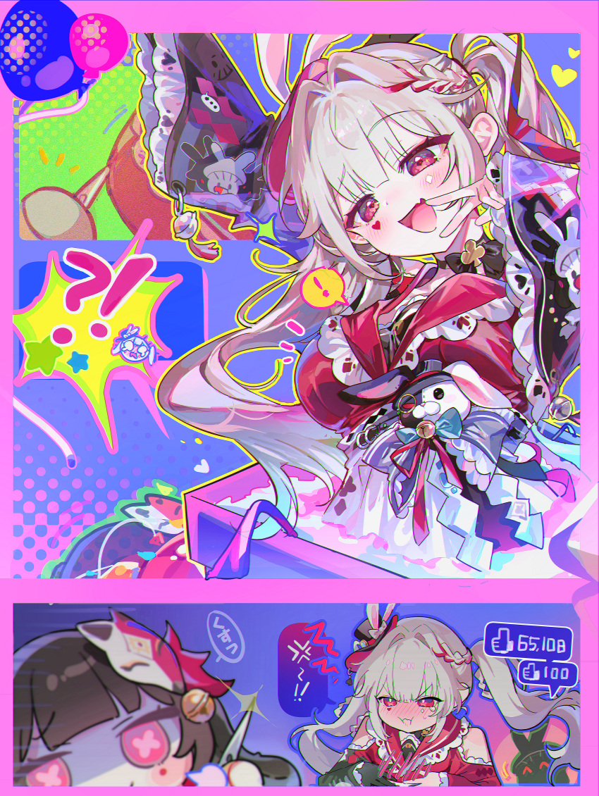 0202ase 1girl absurdres black_hat butterfly-shaped_pupils clothing_cutout commentary_request doll hat hat_ornament heart_on_cheek highres honkai:_star_rail honkai_(series) long_hair mini_hat mini_top_hat open_mouth rabbit_hat_ornament shoulder_cutout sidelocks sparkle_(honkai:_star_rail) sparxie_(honkai:_star_rail) symbol-shaped_pupils top_hat twintails upper_body white_hair