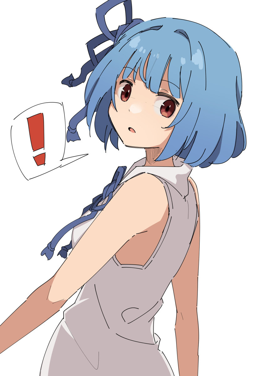 ! 1girl absurdres alternate_hair_length alternate_hairstyle bare_shoulders blue_hair blue_ribbon bob_cut dress flower_knot hair_ribbon highres kashisuover kotonoha_aoi looking_at_viewer looking_to_the_side no_detached_sleeves open_mouth raised_eyebrows red_eyes ribbon short_hair simple_background sleeveless sleeveless_dress solo spoken_exclamation_mark voiceroid white_background white_dress