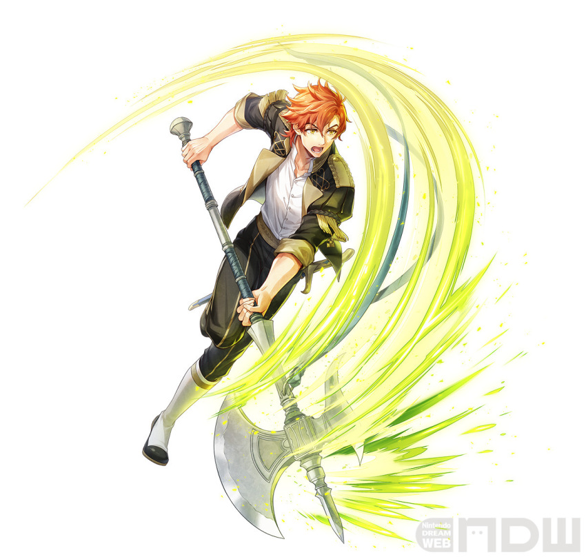 1boy artist_request axe black_jacket black_pants blue_ribbon boots brown_eyes fire_emblem fire_emblem:_three_houses fire_emblem_heroes full_body garreg_mach_monastery_uniform hair_between_eyes holding holding_axe holding_weapon jacket leggings male_focus non-web_source official_art open_clothes open_jacket open_mouth orange_hair pants ribbon scabbard sheath sheathed shirt short_hair simple_background solo sword sylvain_jose_gautier weapon white_background white_footwear white_shirt