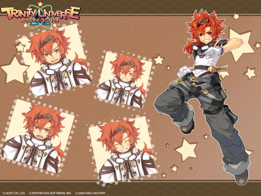 1boy 2009 angry belt closed_eyes expressions gloves goggles goggles_around_neck hair_between_eyes logo male_focus multiple_persona official_art official_wallpaper open_mouth pants recit_(trinity_universe) red_eyes redhead scar scar_on_face smile star_(symbol) star_print teeth trinity_universe tsunako white_gloves