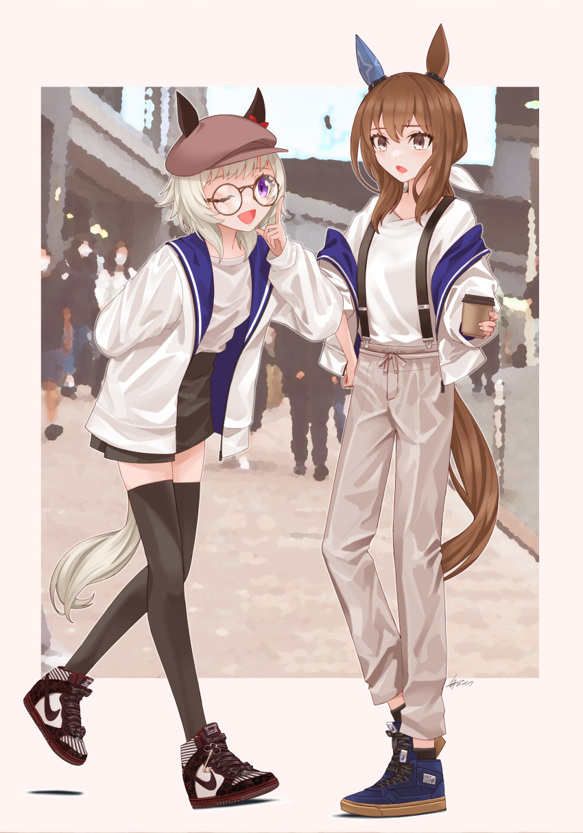 absurdres admire_vega_(umamusume) bespectacled blurry blurry_background breasts brown_eyes brown_hair casual coffee commentary_request curren_chan_(umamusume) full_body glasses grey_hair hat highres horse_girl jacket long_hair medium_breasts one_eye_closed pants ponytail shoes silenxe sneakers standing thigh-highs umamusume violet_eyes