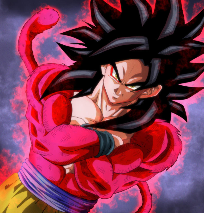 1boy absurdres black_hair body_fur closed_mouth crossed_arms dragon_ball dragon_ball_gt highres looking_at_viewer male_focus monkey_boy monkey_tail muscular muscular_male no_nipples pectorals red_fur saiyan smirk son_goku spiky_hair super_saiyan super_saiyan_4 tail ushi_(akabec0) yellow_eyes