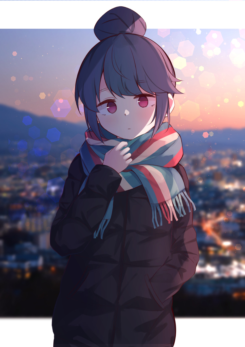 1girl absurdres blue_hair brown_coat city_lights cityscape closed_mouth coat commentary_request cowboy_shot facing_viewer hair_bun hand_in_pocket hand_up highres jacket looking_at_viewer noa_82g outside_border scarf shima_rin short_hair sidelocks single_hair_bun solo standing striped striped_scarf swept_bangs violet_eyes winter_clothes winter_coat yurucamp
