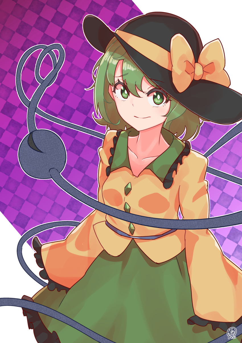 1girl absurdres black_headwear bow checkered_background closed_mouth collarbone commentary green_eyes green_hair green_skirt hat hat_bow heart heart_of_string highres komeiji_koishi long_sleeves looking_at_viewer purple_background shirt short_hair skirt smile solo third_eye touhou yellow_bow yellow_shirt zanasta0810