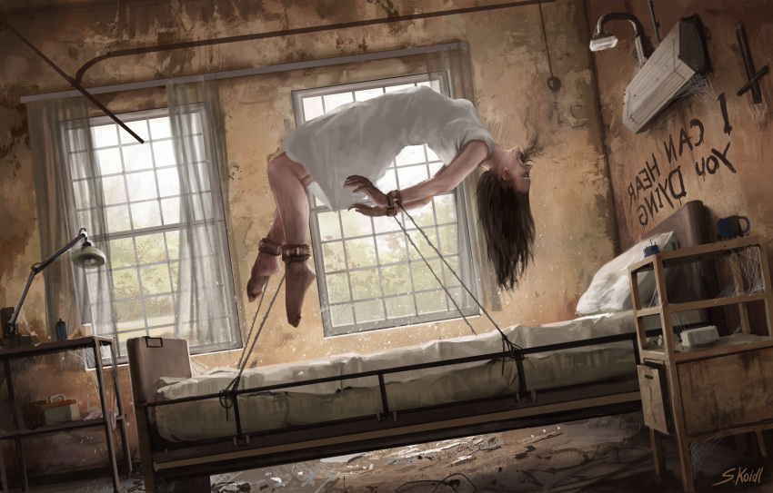 1girl absurdres bed bound cross cup day desk_lamp floating full_body highres horror_(theme) hospital_bed hospital_gown indoors inverted_cross lamp long_hair mug original pillow signature solo stefan_koidl window writing_on_wall