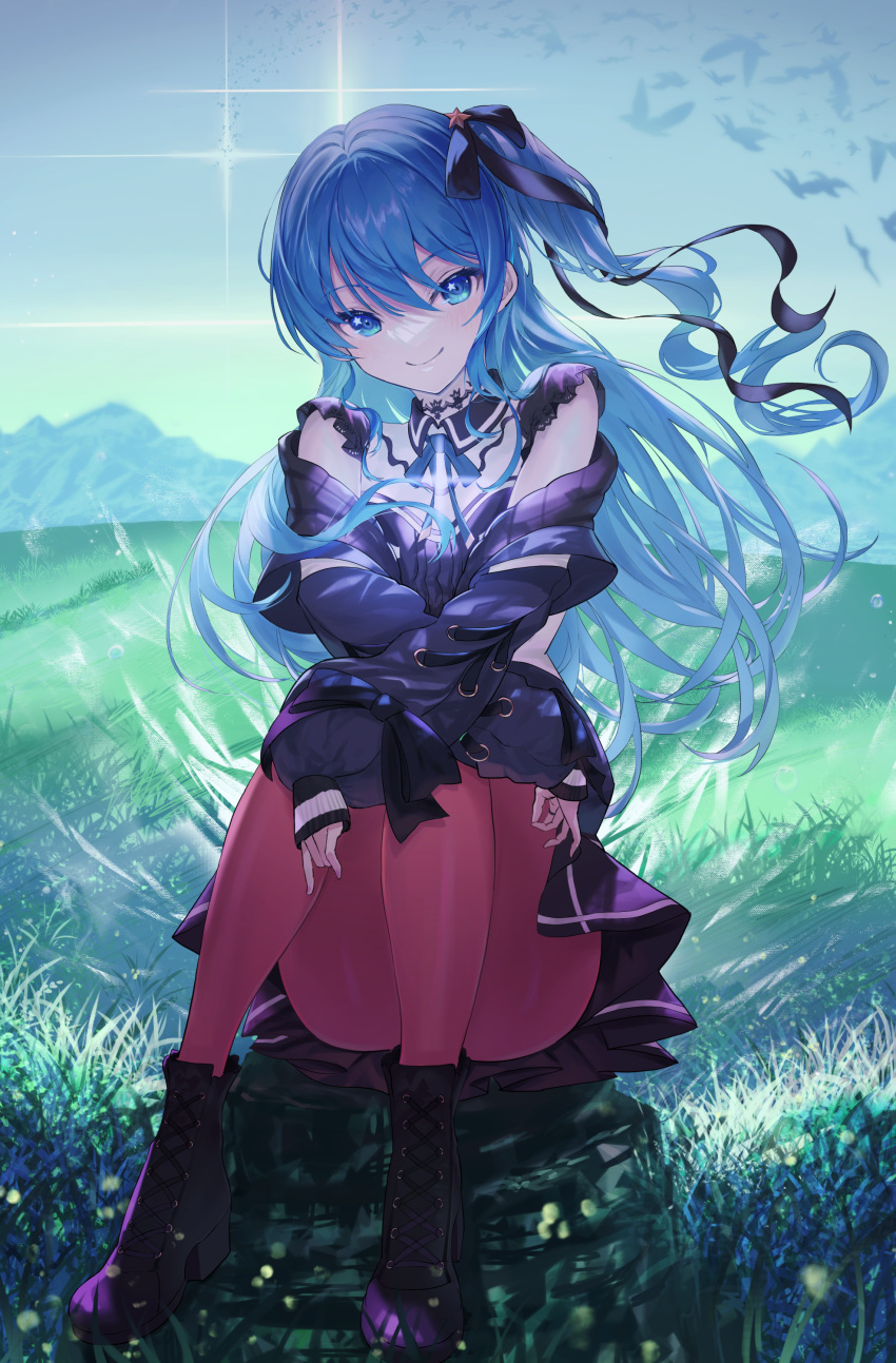 1girl absurdres atatatatame01 bird black_bow black_footwear black_ribbon black_shirt black_skirt blue_eyes blue_hair blush bow choker closed_mouth collared_shirt floating_hair full_body hair_between_eyes hair_ribbon highres hololive hoshimachi_suisei knees_up lace lace_choker long_hair long_sleeves looking_at_viewer neck_ribbon off_shoulder official_alternate_costume official_alternate_hairstyle one_side_up orange_pantyhose outdoors pantyhose puffy_long_sleeves puffy_sleeves ribbon shirt sitting skirt sleeves_past_wrists smile solo star_(symbol) star_in_eye symbol_in_eye virtual_youtuber