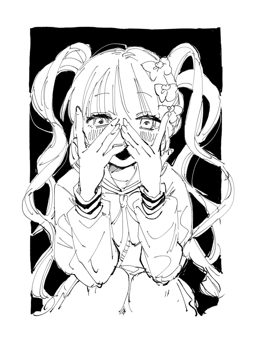 1girl blush bow bowtie chouzetsusaikawa_tenshi-chan commentary cropped_legs empty_eyes english_commentary greyscale hair_bow hands_on_own_face hands_up highres lineart long_hair long_sleeves looking_at_viewer monochrome multiple_hair_bows needy_girl_overdose okanadamo outside_border peeking_through_fingers raised_eyebrows school_uniform serafuku skirt solo squatting twintails