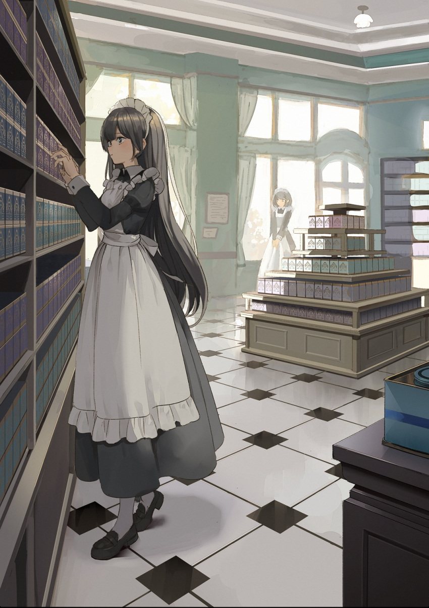 2girls apron black_dress black_hair blush book bookshelf closed_mouth collared_dress commentary_request curtains dress frilled_apron frills hands_up highres indoors juliet_sleeves long_sleeves looking_away maid maid_apron maid_headdress multiple_girls original puffy_sleeves shii_(kairi-t-k0317) solo_focus v_arms window