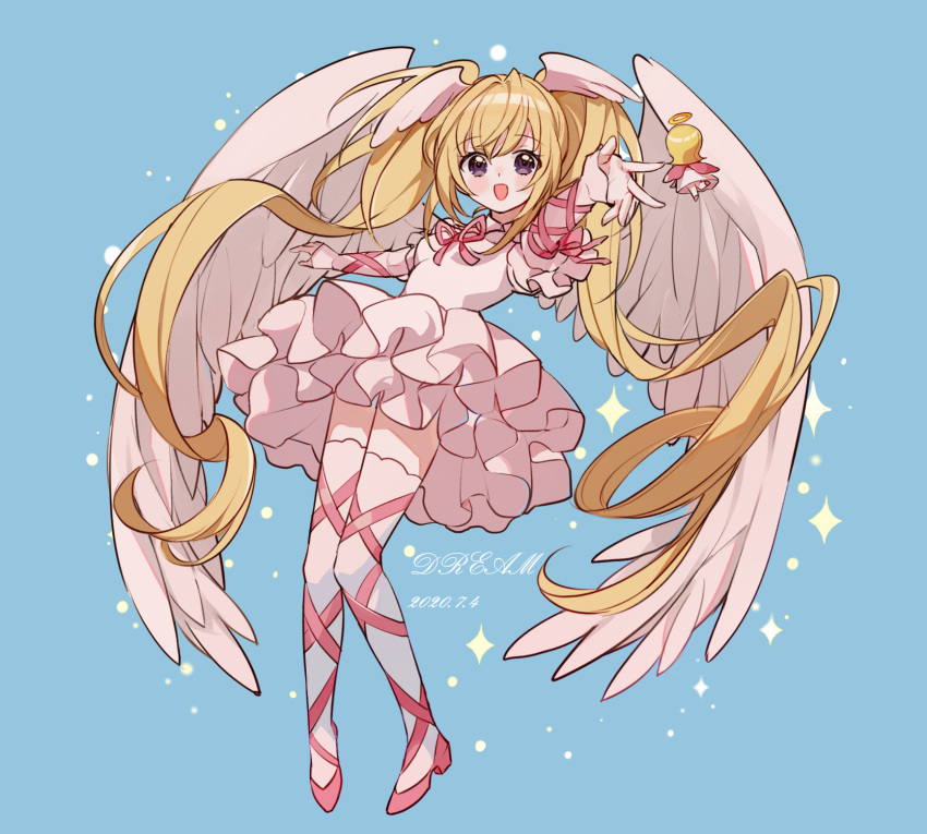 2girls angel angel_wings artist_name blonde_hair blush dated dream_(1791923913) dress el_(shugo_chara!) feathers full_body gloves guardian_chara halo head_wings highres hoshina_utau light_blue_background multiple_girls open_mouth pink_dress pink_footwear pink_ribbon ribbon seraphic_charm shugo_chara! smile thigh-highs twintails violet_eyes white_gloves white_thighhighs wings
