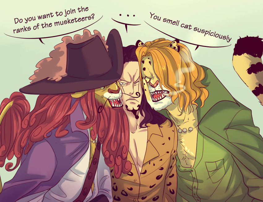 3boys animal_ears black_hair cigarette collar english_text facial_hair goatee hat_feather hiddenkallz lion_ears long_hair multiple_boys one_piece pedro_(one_piece) redhead rob_lucci shishilian_(one_piece) short_hair smoking speech_bubble