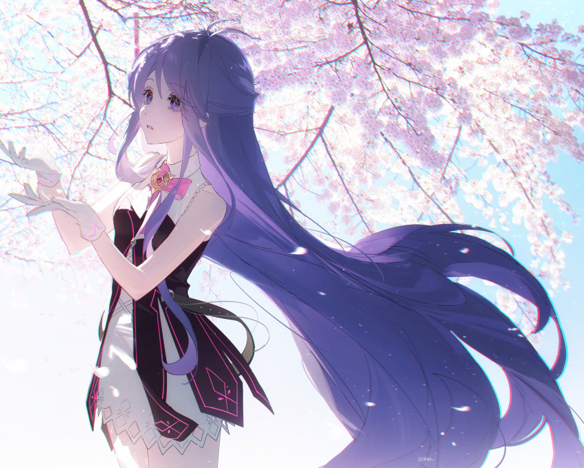 1girl absurdres aether_sage_(elsword) aisha_landar antenna_hair bare_shoulders black_dress cherry_blossoms cinah commentary_request dress elsword floating_hair flower gloves highres korean_commentary long_hair looking_away neck_ribbon petals pink_flower pink_ribbon purple_hair ribbon sleeveless sleeveless_dress solo two-tone_dress very_long_hair violet_eyes white_dress white_gloves