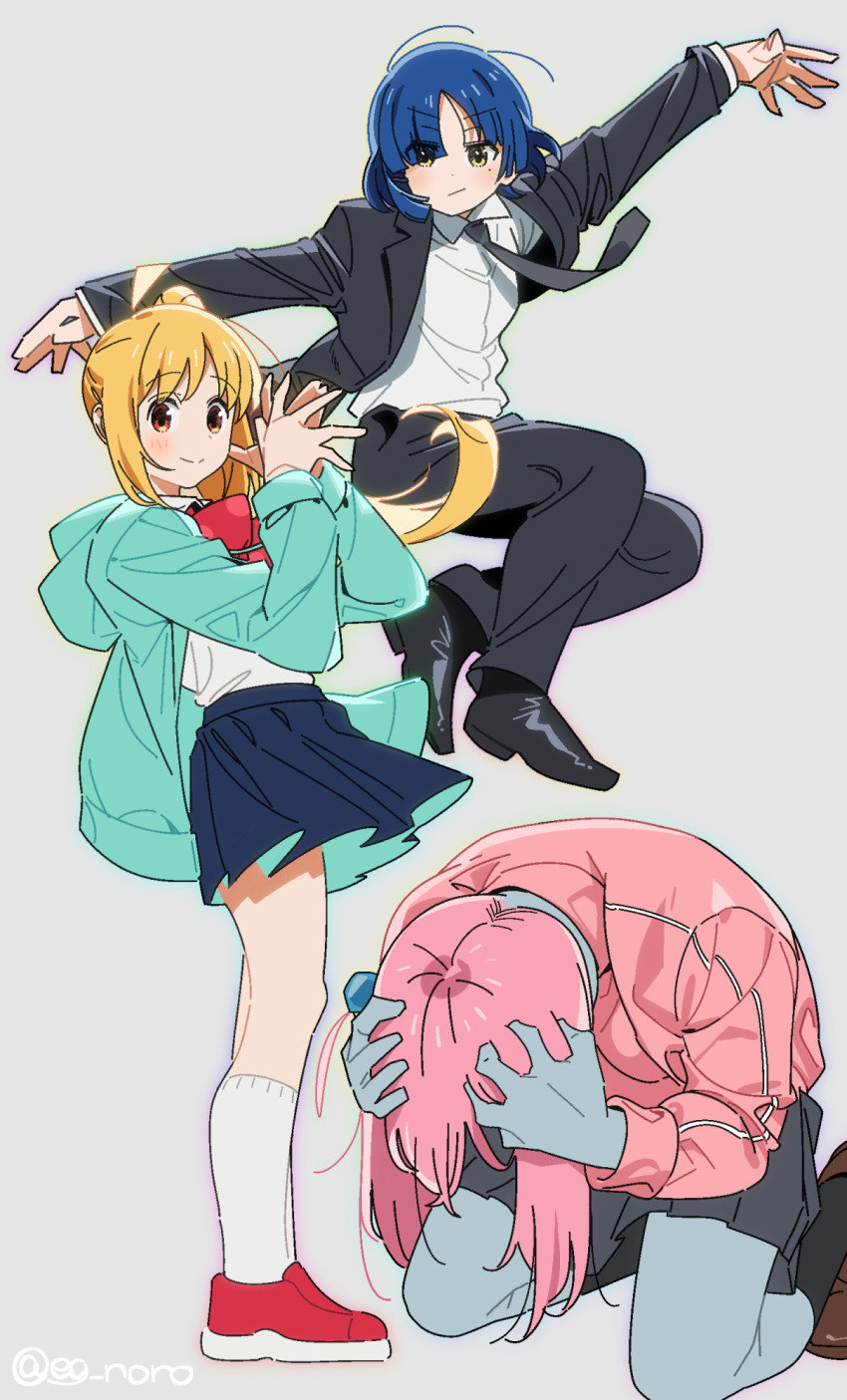 3girls :/ alternate_costume arm_up black_jacket black_necktie black_pants black_skirt black_socks blazer blonde_hair blue_hair blunt_bangs bocchi_the_rock! bow bowtie closed_mouth collage colored_skin commentary_request dress_shirt dress_shoes floating_hair formal full_body gotou_hitori green_hoodie grey_background grey_skin hands_on_own_head hands_up highres hood hood_down hoodie hunched_over ijichi_nijika jacket jumping kneehighs kneeling loafers long_hair long_sleeves mole mole_under_eye multiple_girls necktie open_clothes open_hoodie orange_eyes outstretched_arms own_hands_together pants pink_hair pink_jacket pleated_skirt polka_dot_bowtie red_bow red_bowtie scene_reference shirt shoes short_hair side_ponytail simple_background skirt smile sneakers socks sofa_(enogunomu) spread_arms suit track_jacket twitter_username white_shirt white_socks yamada_ryou yellow_eyes