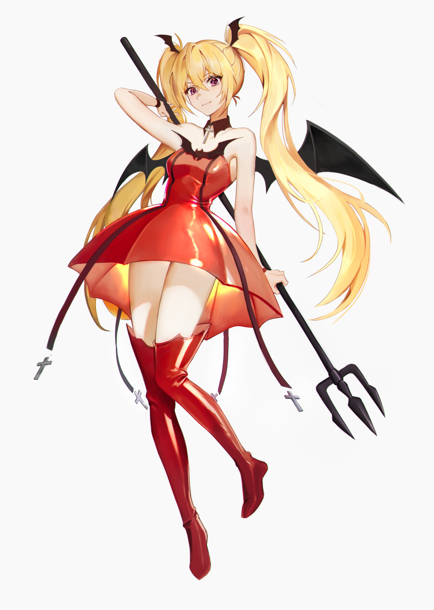 1girl absurdres blonde_hair boots chap_yun choker closed_mouth cross cross_choker demon demon_girl demon_wings dress full_body head_wings highres holding_trident hoshina_utau looking_at_viewer lunatic_charm polearm red_dress red_footwear shugo_chara! smile solo thigh_boots trident twintails violet_eyes weapon white_background wings