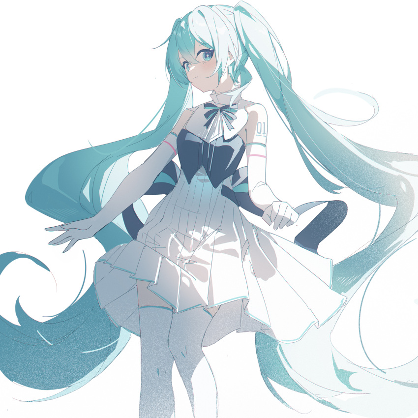 1girl absurdres aqua_eyes aqua_hair blush breasts closed_mouth dress elbow_gloves feet_out_of_frame floating_hair gloves hair_between_eyes hatsune_miku high_collar highres long_hair looking_at_viewer neck_ribbon number_tattoo pleated_dress qtian ribbon shadow sidelocks sleeveless sleeveless_dress small_breasts solo tattoo thigh-highs twintails very_long_hair vocaloid white_dress white_gloves white_sleeves white_thighhighs